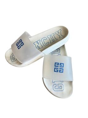 Givenchy White Slide Sandals with Blue Logo. Size 9